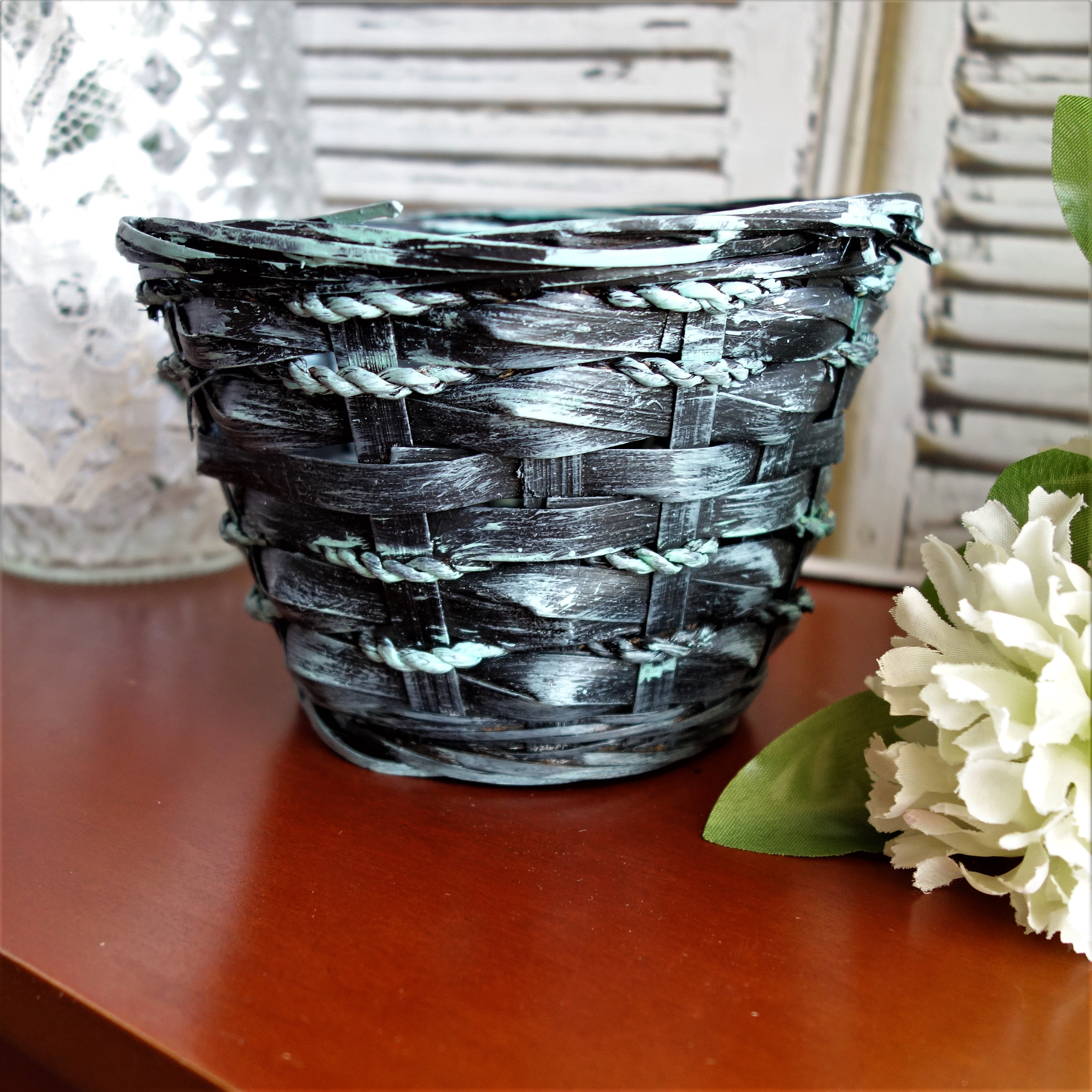 Basket Black And Teal Rope Wrapped Basket With White Carnations 2 