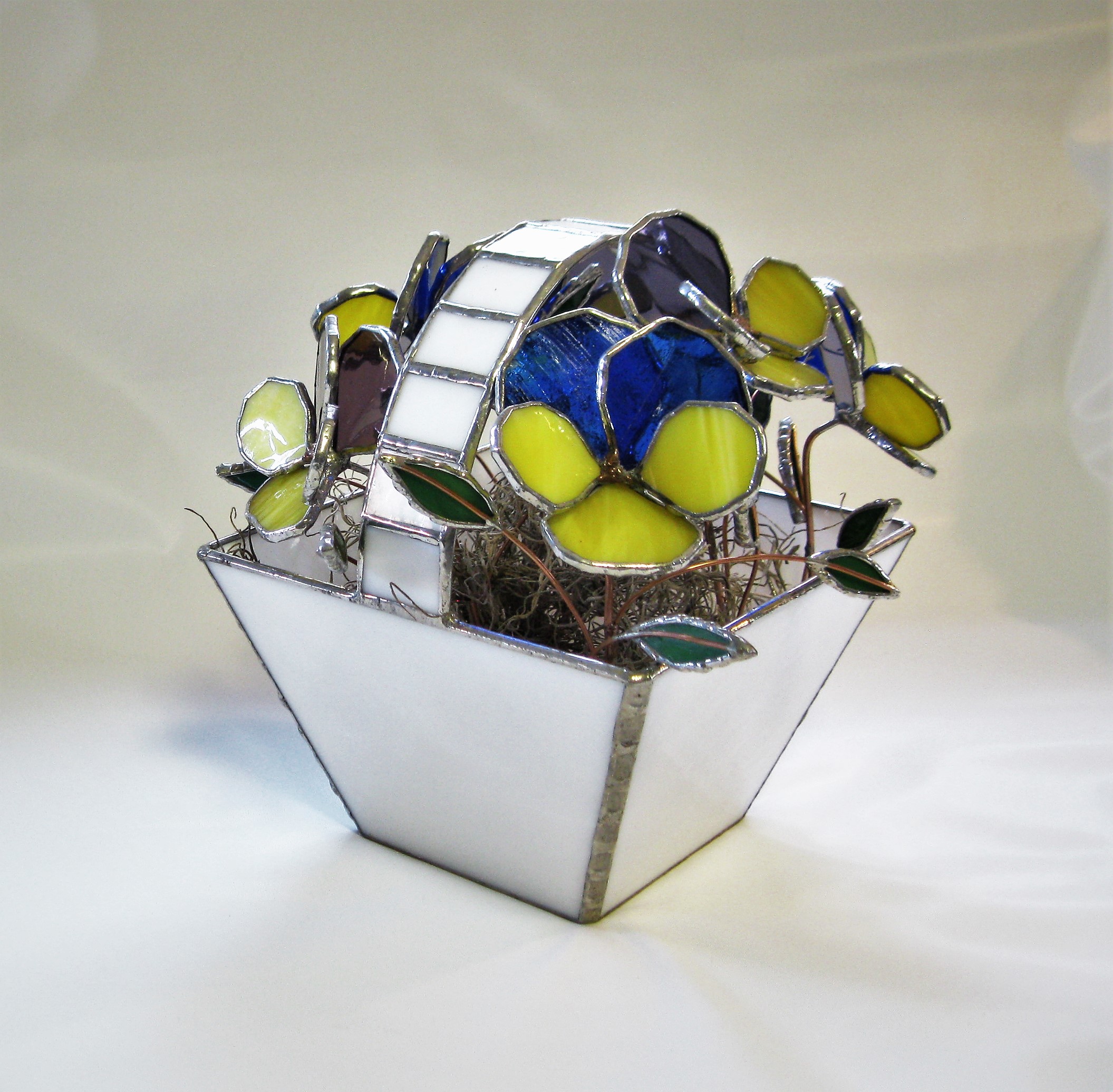 Basket Of Pansies- Stained Glass Centerpiece- Industrial Flowers- Sculpture 7 