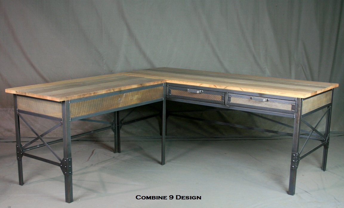 Vintage Industrial L Shaped Desk. Steel & Wood Office Furniture. Mid Century Style. Desk W/ Return. 11 