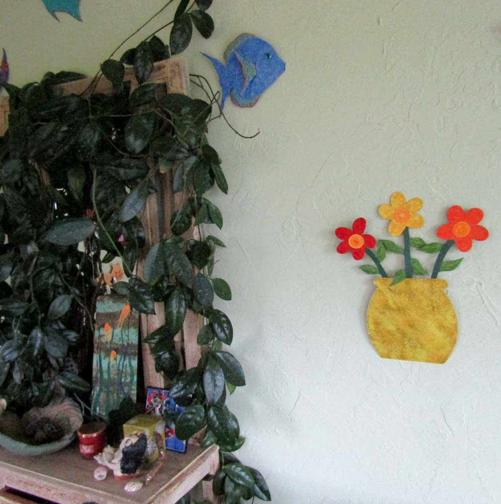Handmade Upcycled Metal Flowerpot With Yellow, Red, And Orange Flowers Wall Art Sculpture 3 