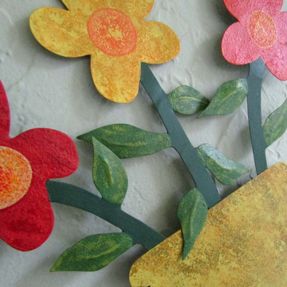 Handmade Upcycled Metal Flowerpot With Yellow, Red, And Orange Flowers Wall Art Sculpture 2 