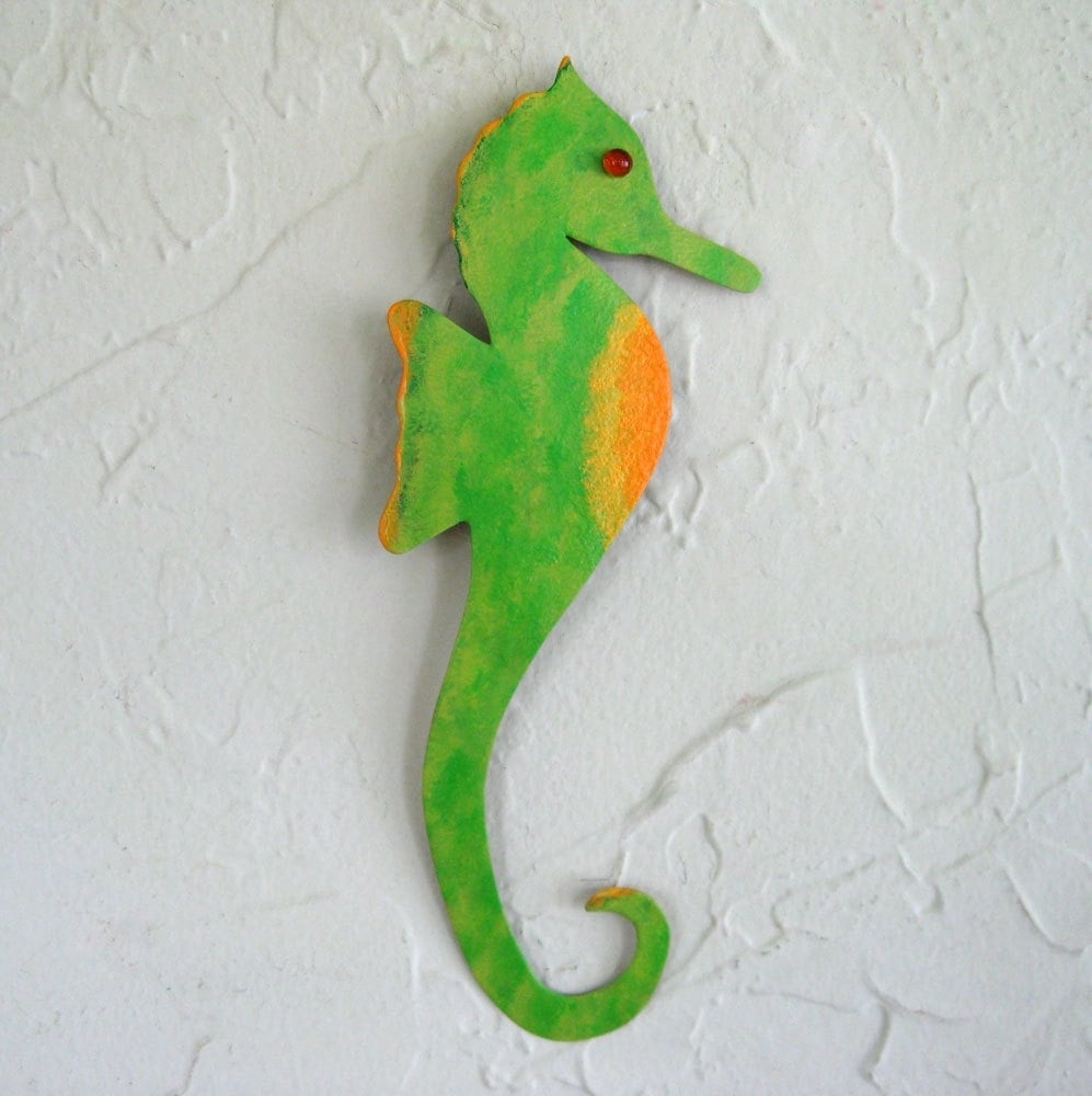 Handmade Upcycled Metal Seahorse Wall Art Sculpture In Green And Yellow 1 