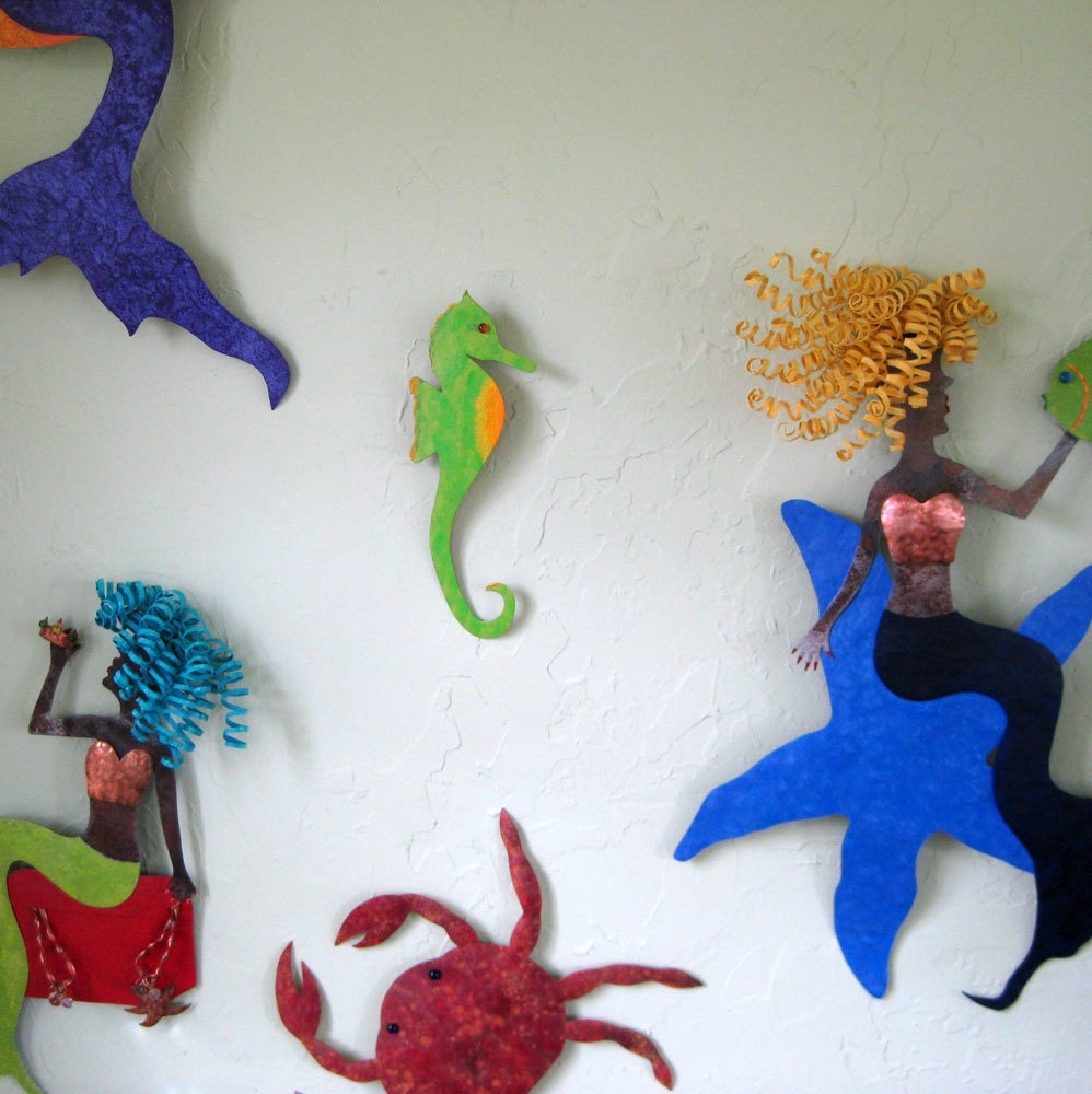 Handmade Upcycled Metal Seahorse Wall Art Sculpture In Green And Yellow 2 