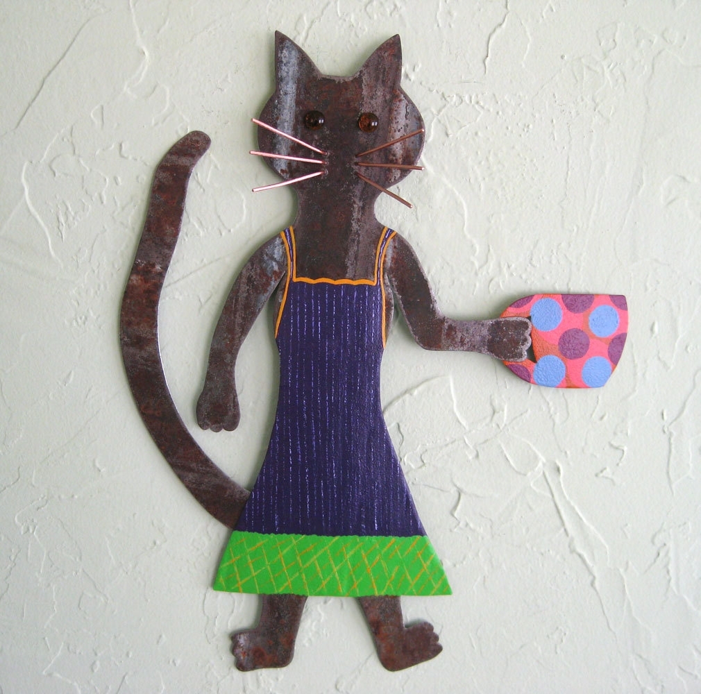 Handmade Upcycled Metal Coffee Cat Wall Art Sculpture In Blue And Green