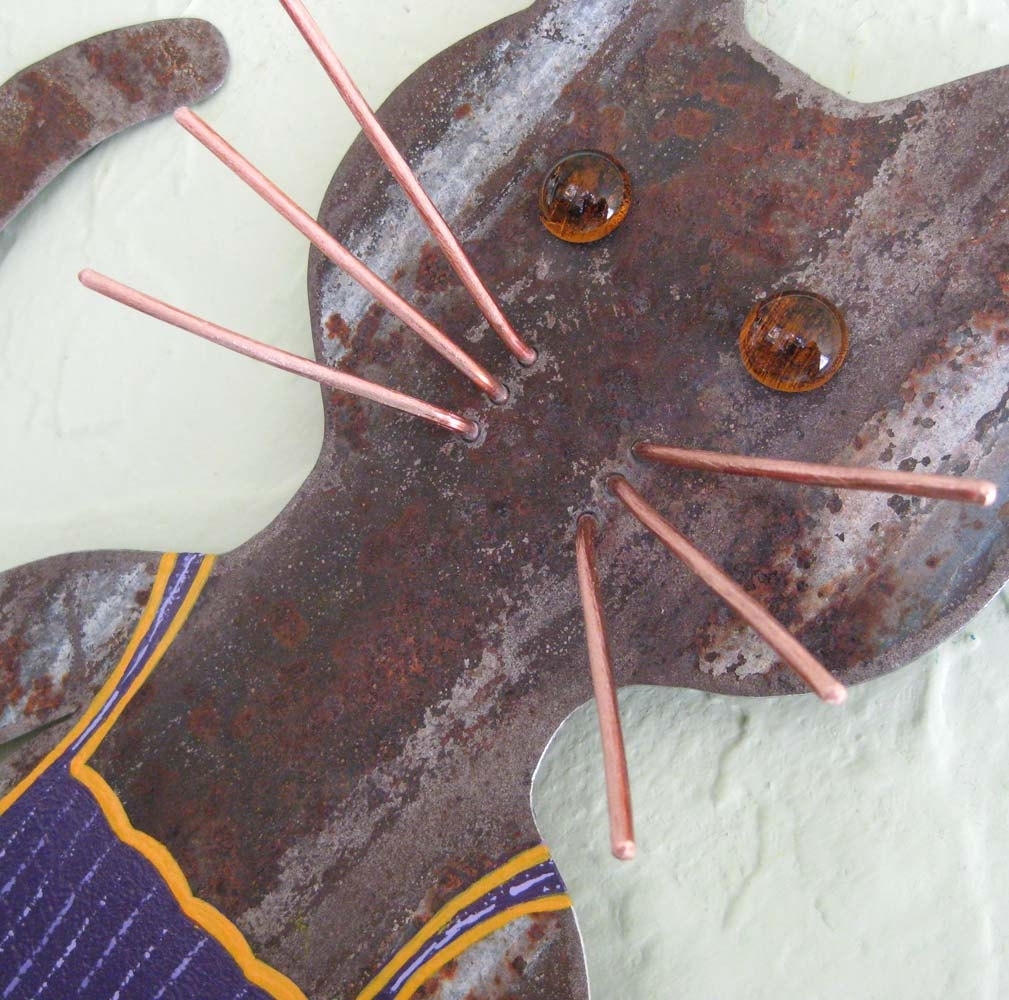 Handmade Upcycled Metal Coffee Cat Wall Art Sculpture In Blue And Green 2 