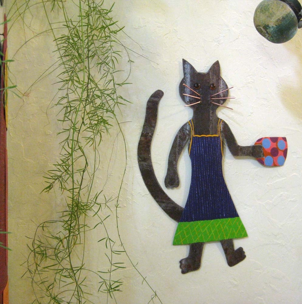 Handmade Upcycled Metal Coffee Cat Wall Art Sculpture In Blue And Green 4 