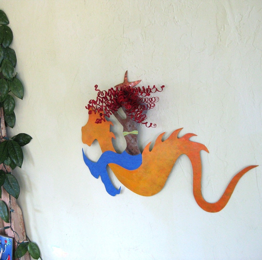 Handmade Upcycled Metal Mermaid And Sea Serpent Wall Art Sculpture "Virginia And Sidney'' 1 