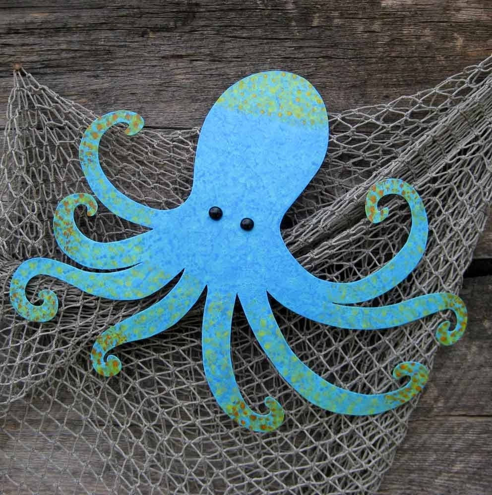 Handmade Upcycled Metal Blue Octopus Wall Art Sculpture 3 