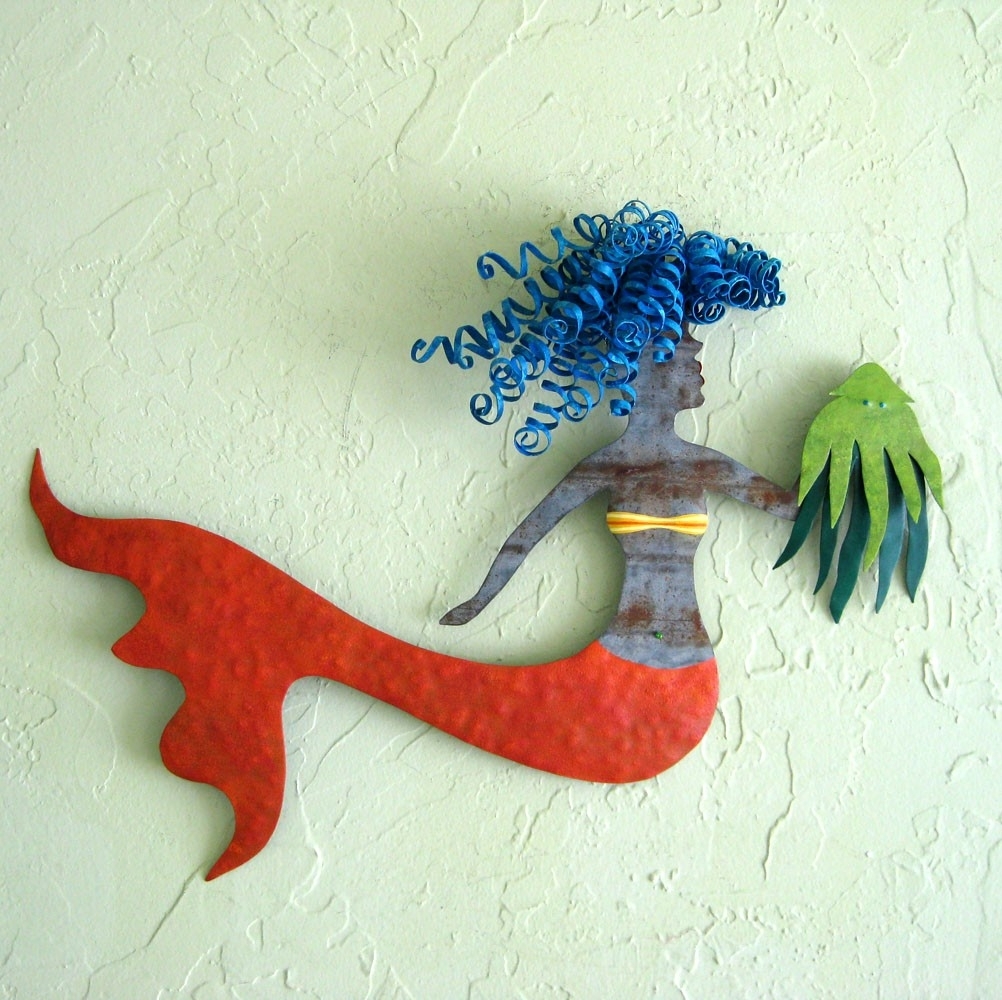 Handmade Upcycled Metal Mermaid And Squid Wall Art Sculpture 1