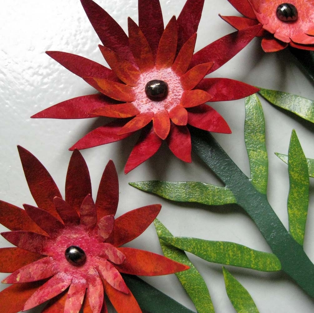 Handmade Upcycled Metal Flowerpot With Red Flowers Wall Art Sculpture 3 