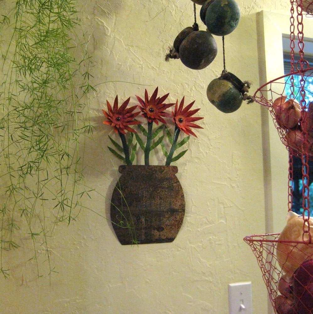 Handmade Upcycled Metal Flowerpot With Red Flowers Wall Art Sculpture
