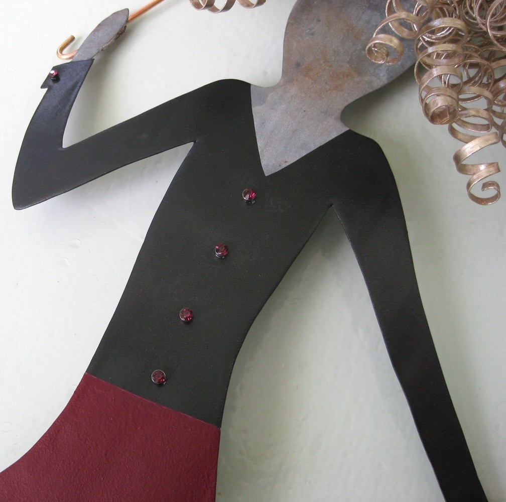 Handmade Upcycled Metal Umbrella Lady Wall Art Sculpture In Deep Red And Black 3 