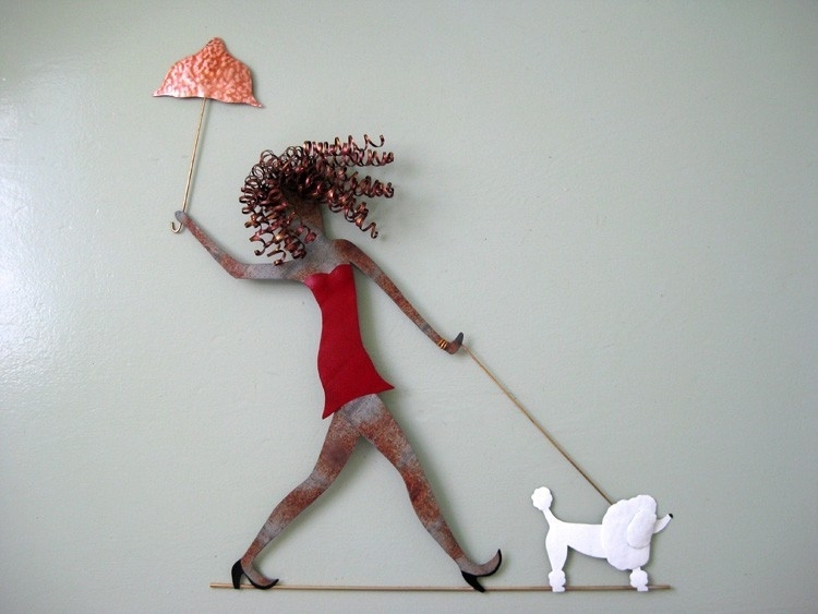 Lady Walking Dog - Upcycled Metal Wall Sculpture Poodles Dachshunds Chihuahua Lab 4 