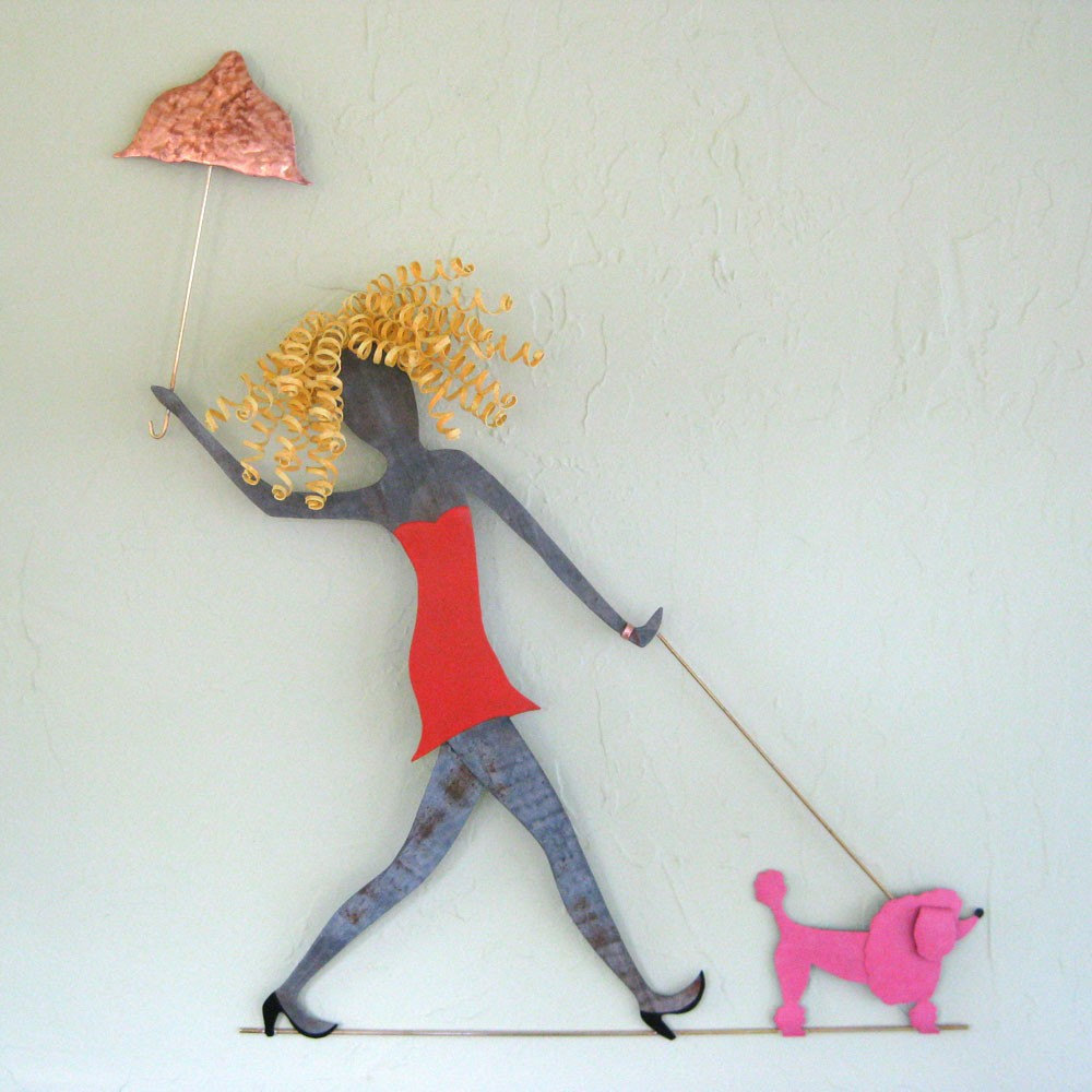 Lady Walking Dog - Upcycled Metal Wall Sculpture Poodles Dachshunds Chihuahua Lab 3 