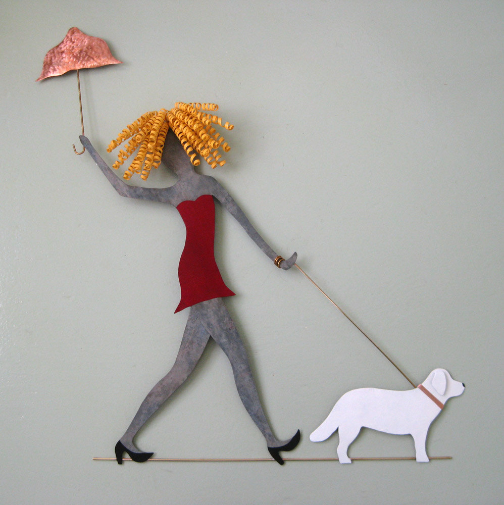 Lady Walking Dog - Upcycled Metal Wall Sculpture Poodles Dachshunds Chihuahua Lab 1 