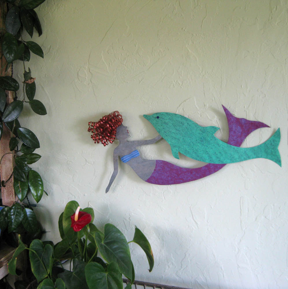 Mermaid And Dolphin Wall Decor Sealife Art Recycled Metal 2 