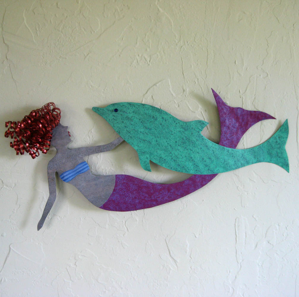 Mermaid And Dolphin Wall Decor Sealife Art Recycled Metal 1 