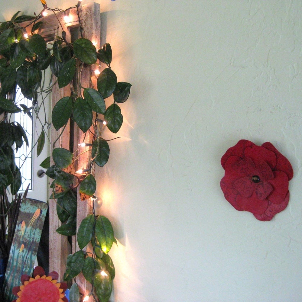 Handmade Upcycled Metal Hibiscus Wall Art Sculpture In Crimson Red 3 
