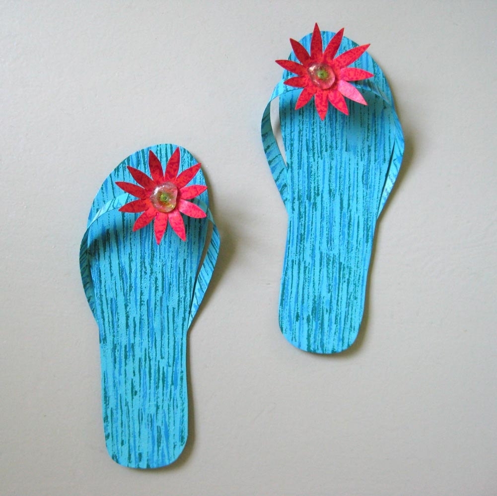 Handmade Upcycled Metal Pair Of Flip-Flops Wall Art Sculpture In Blue 1 