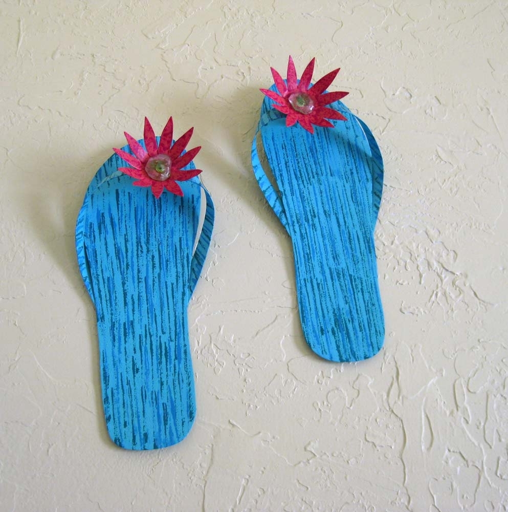 Handmade Upcycled Metal Pair Of Flip-Flops Wall Art Sculpture In Blue 2 