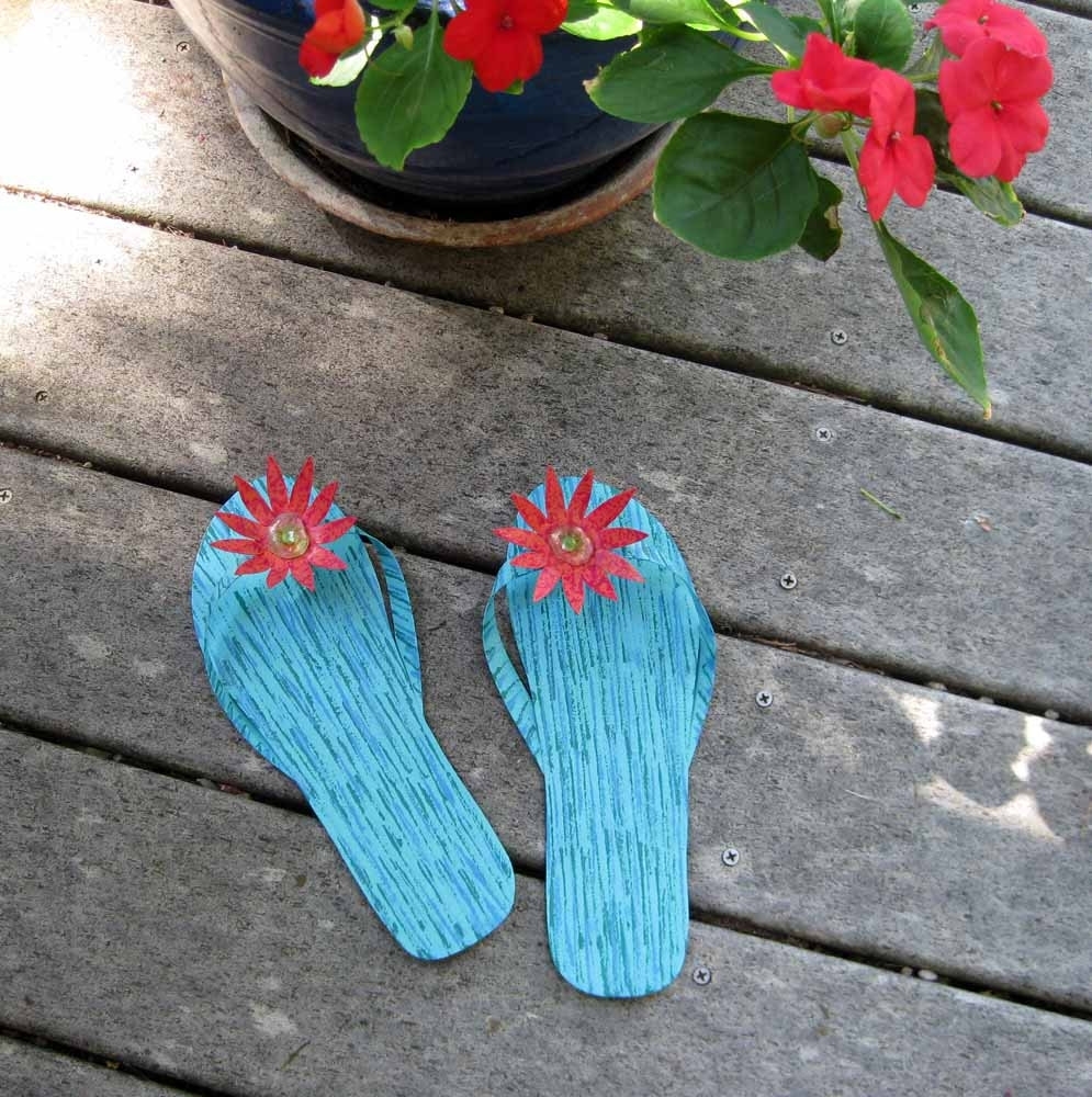 Handmade Upcycled Metal Pair Of Flip-Flops Wall Art Sculpture In Blue 4 