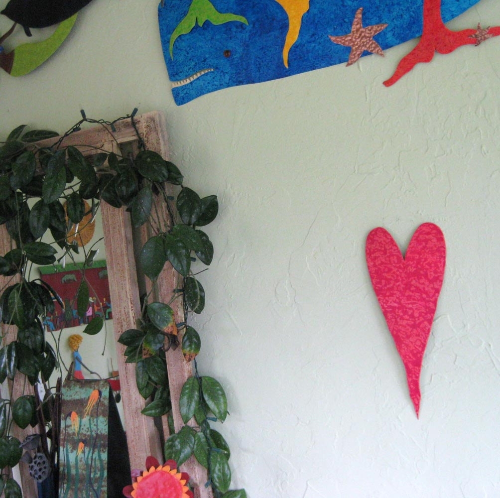 Handmade Upcycled Metal Valentine's Heart Wall Decor In Coral Magenta 2 