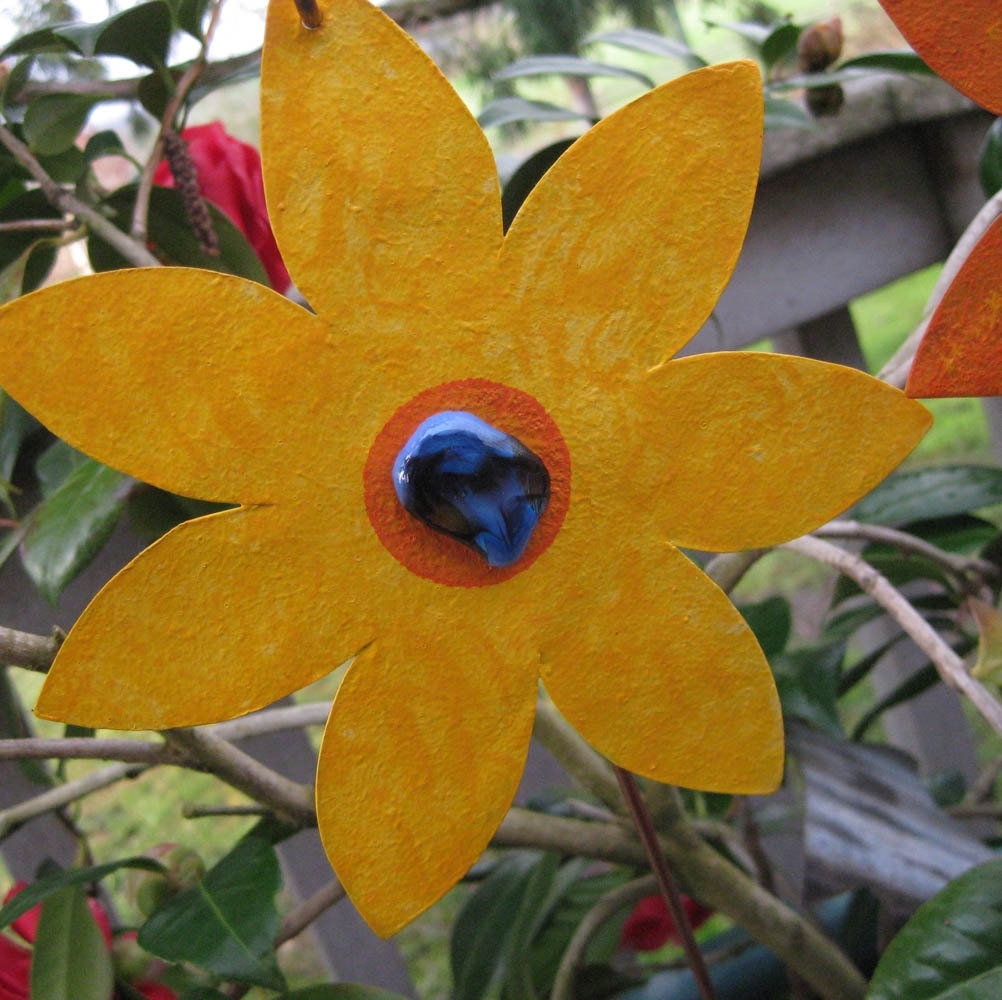 Handmade Upcycled Orange And Yellow Metal Flower Garden Stakes In Set Of Two 2 