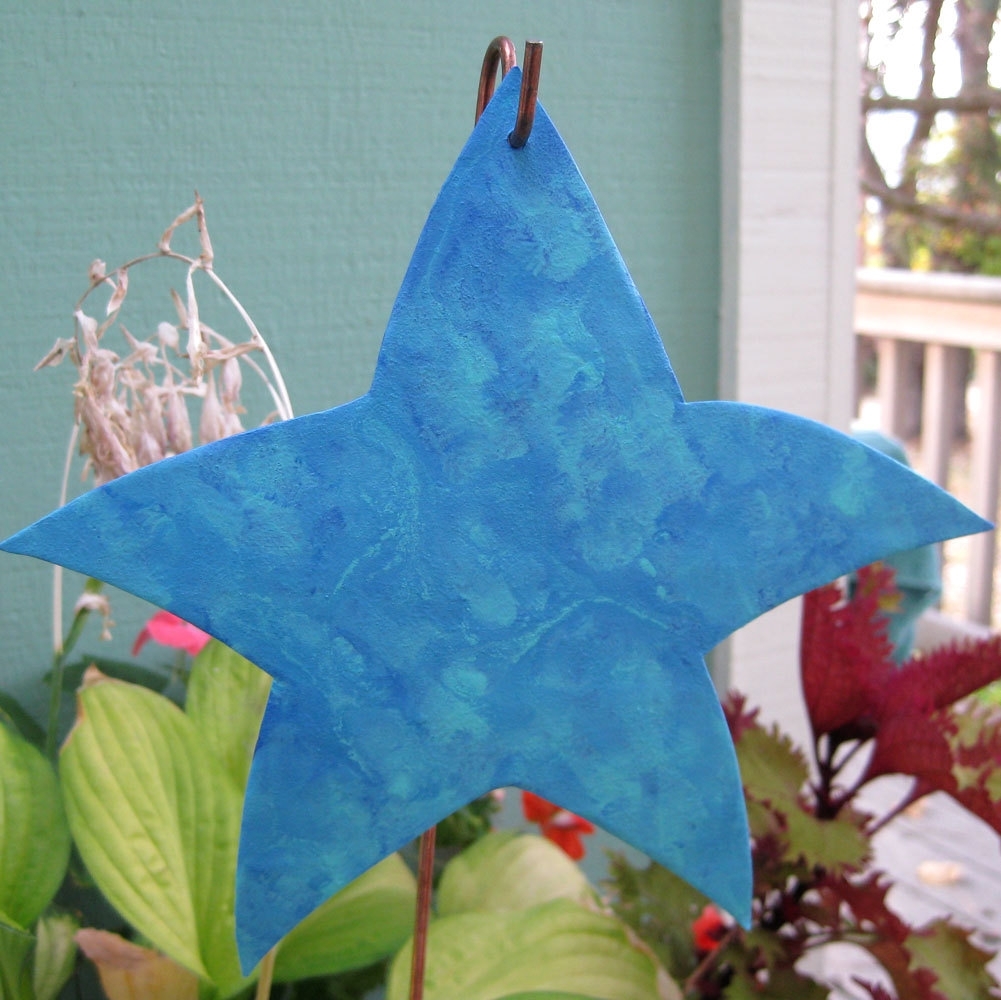 Handmade Upcycled Turquoise And Blue Metal Star Garden Stakes In Set Of Two 3 