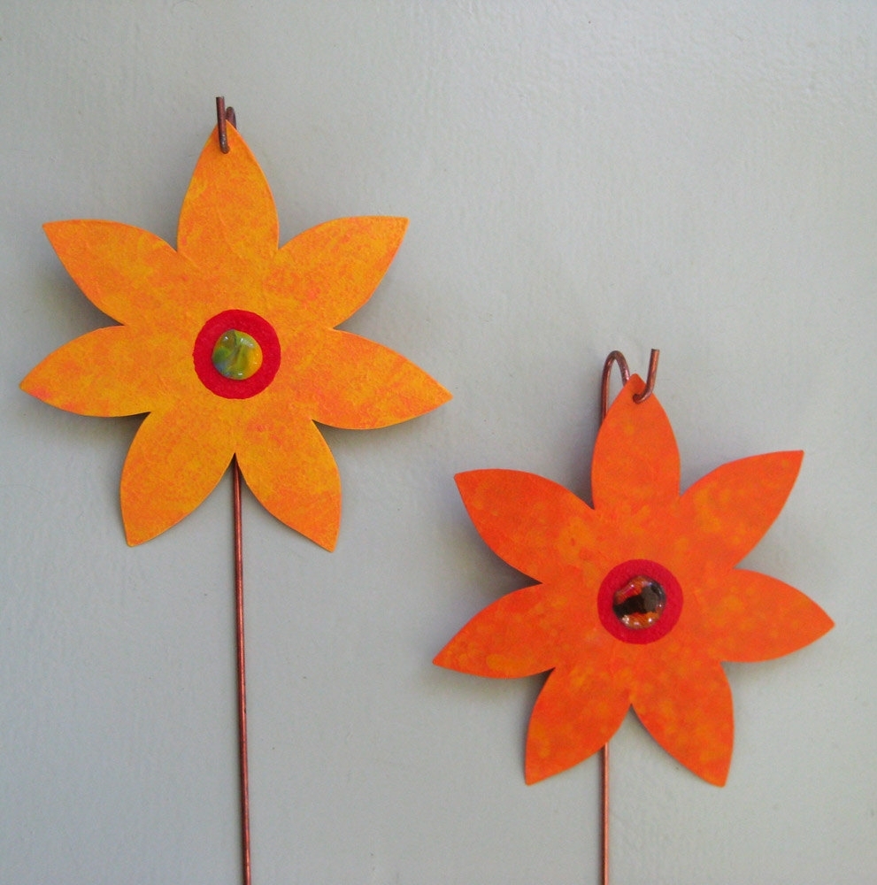 Handmade Upcycled Metal Flower Garden Stakes In Orange And Yellow 3 