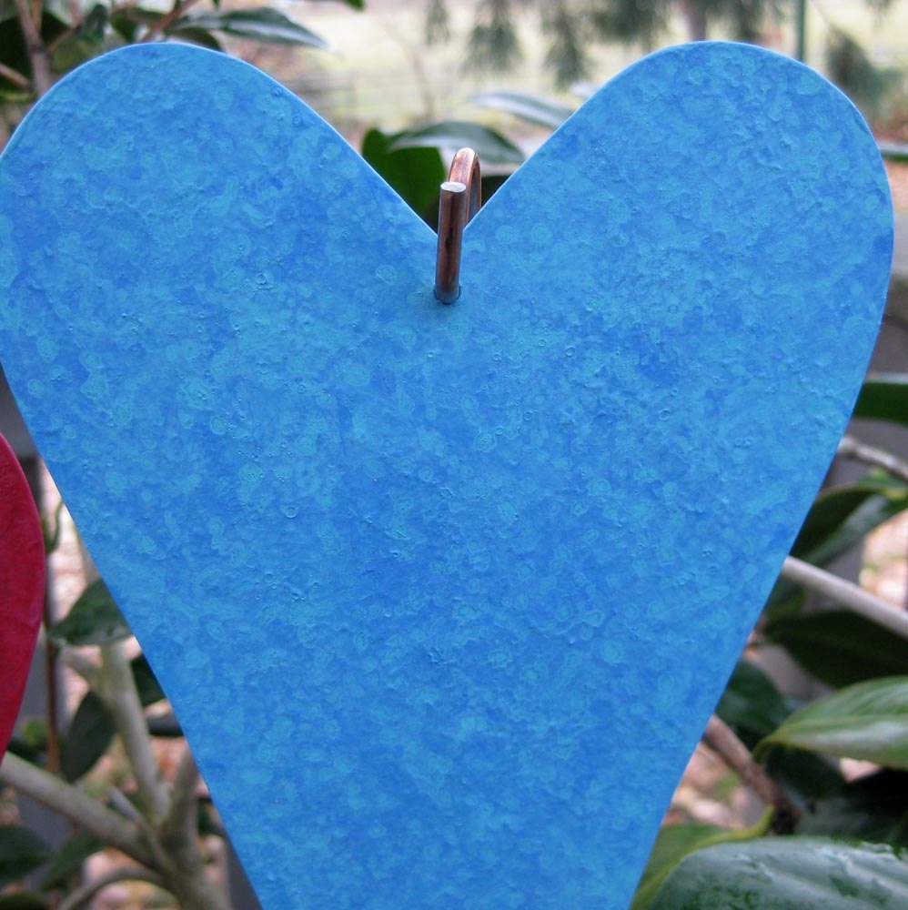 Handmade Upcycled Metal Heart Garden Stakes In Rose And Turquoise 1 