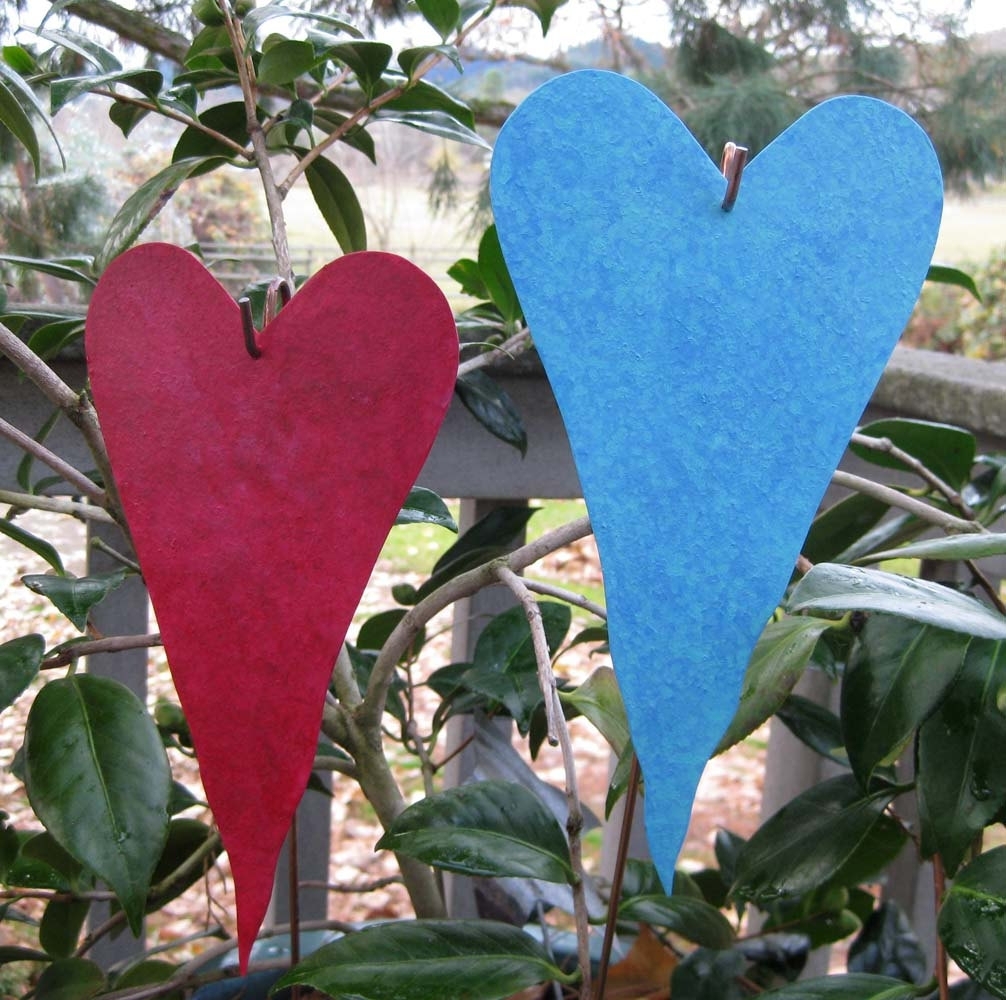 Handmade Upcycled Metal Heart Garden Stakes In Rose And Turquoise 2 