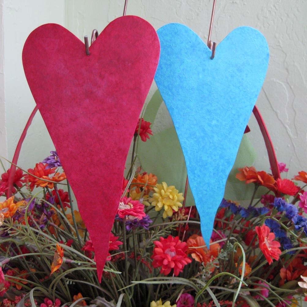 Handmade Upcycled Metal Heart Garden Stakes In Rose And Turquoise 3 