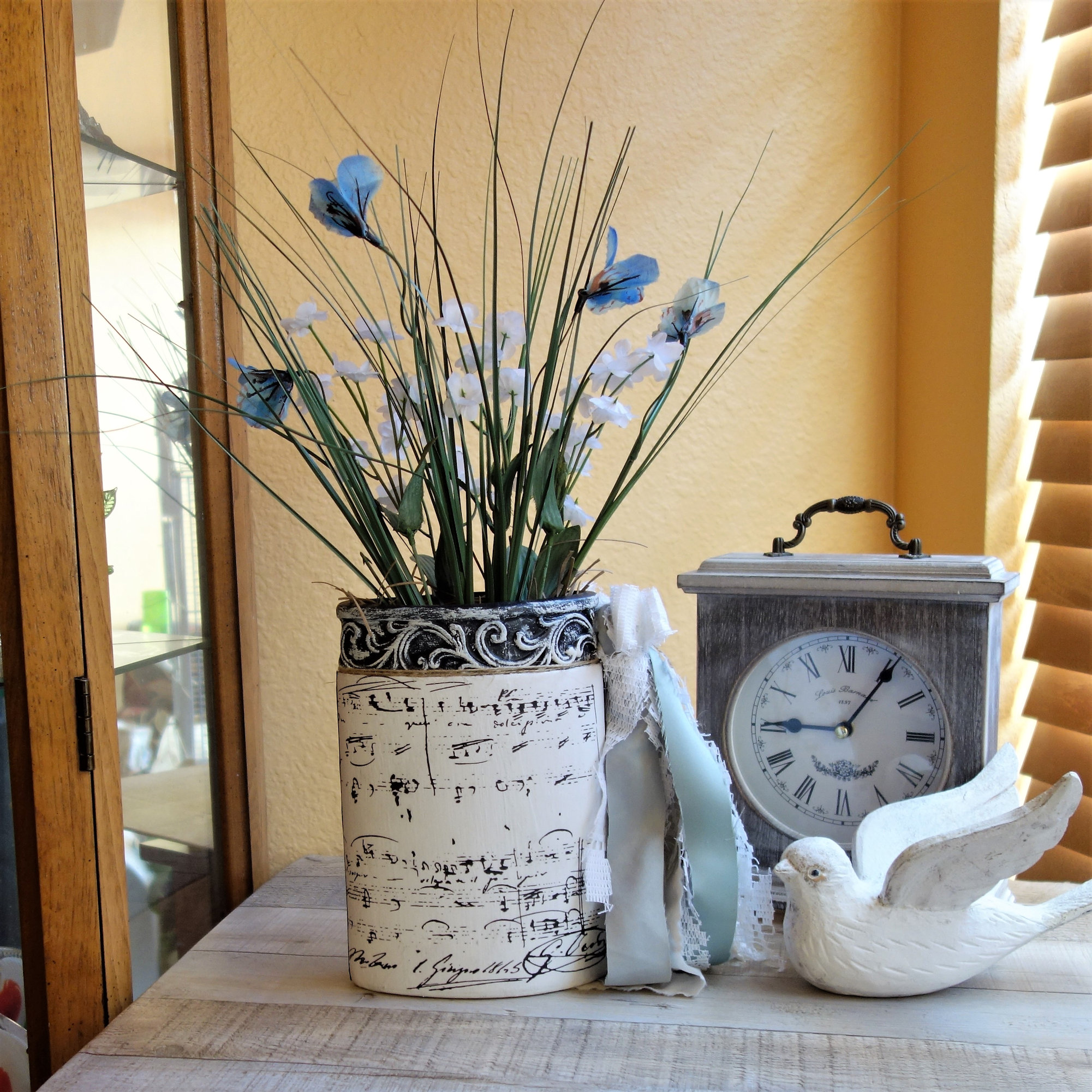 Blue Bird Songbirds Vintage Clay Vase With Wildflowers 3 