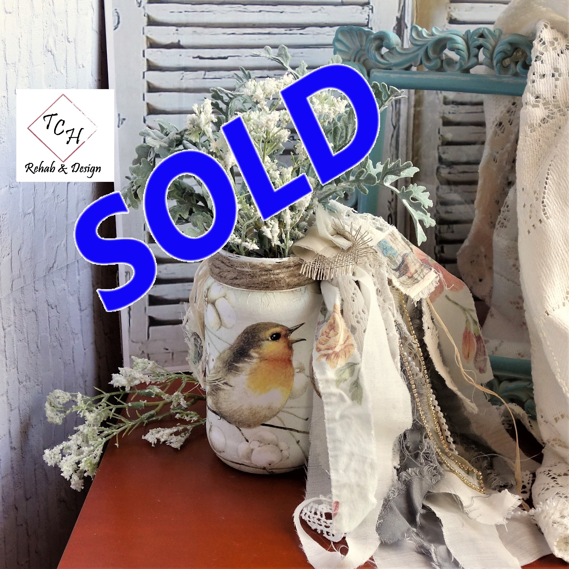 Flower Arrangement Dusty Miller Rustic Bird Jar Vase Rag Bow Vintage Decor