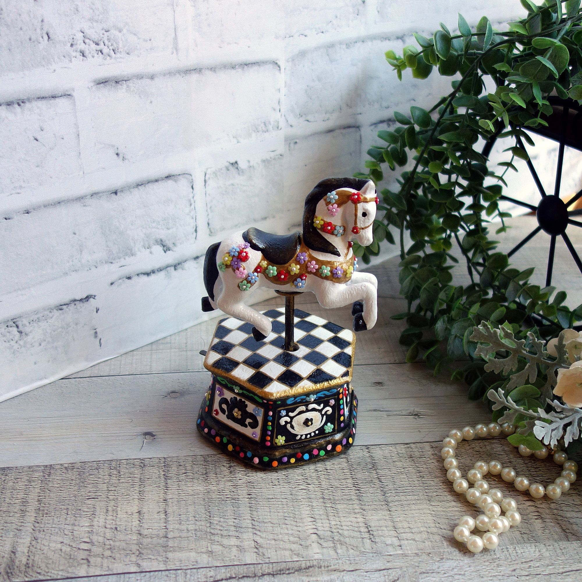Courtly Music Box Black and White Checked Carousel Horse Music Box Checked Decor 2 