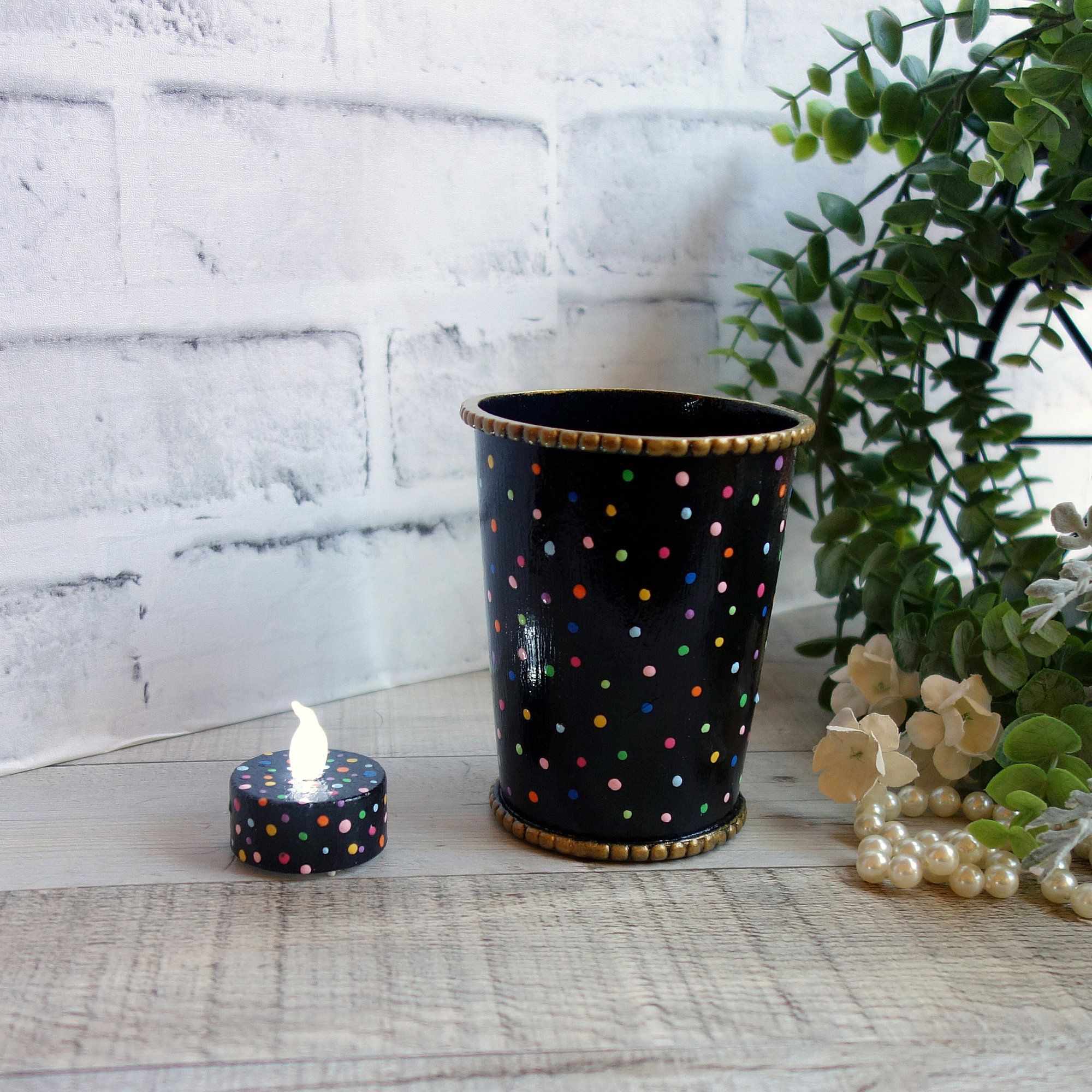 Colorful Polka Dot Vase and Tea Light Set Hand Painted Whimsy Decor 2 