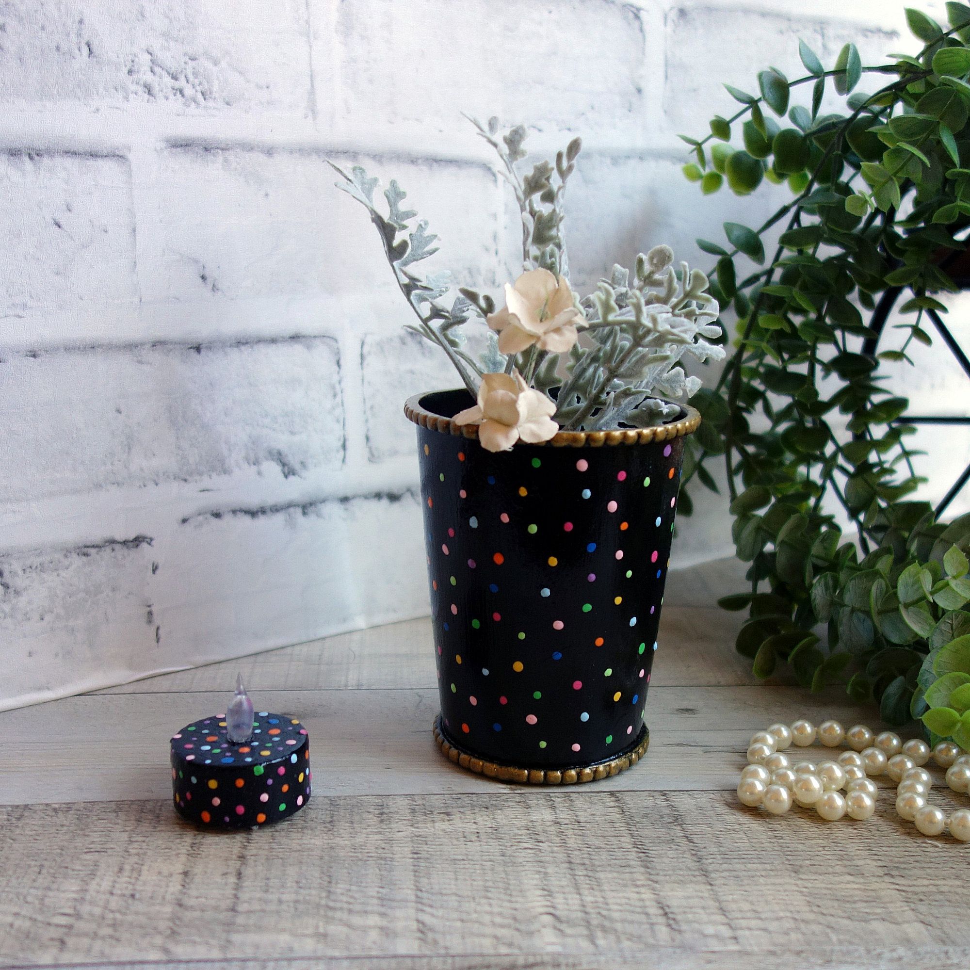 Colorful Polka Dot Vase and Tea Light Set Hand Painted Whimsy Decor