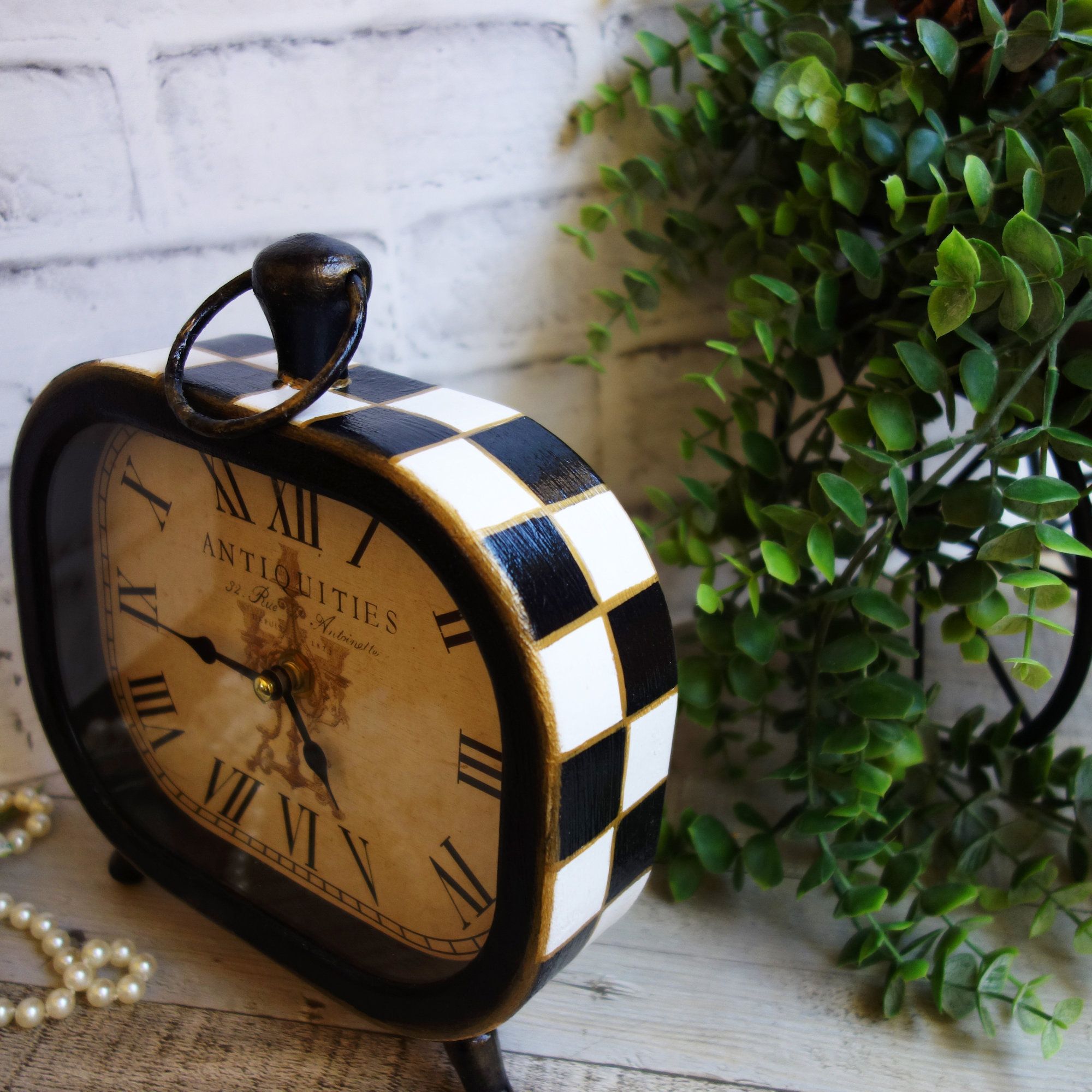 Courtly Decor Black And White Checked Clock Hand Painted Checks Table Clock 2 