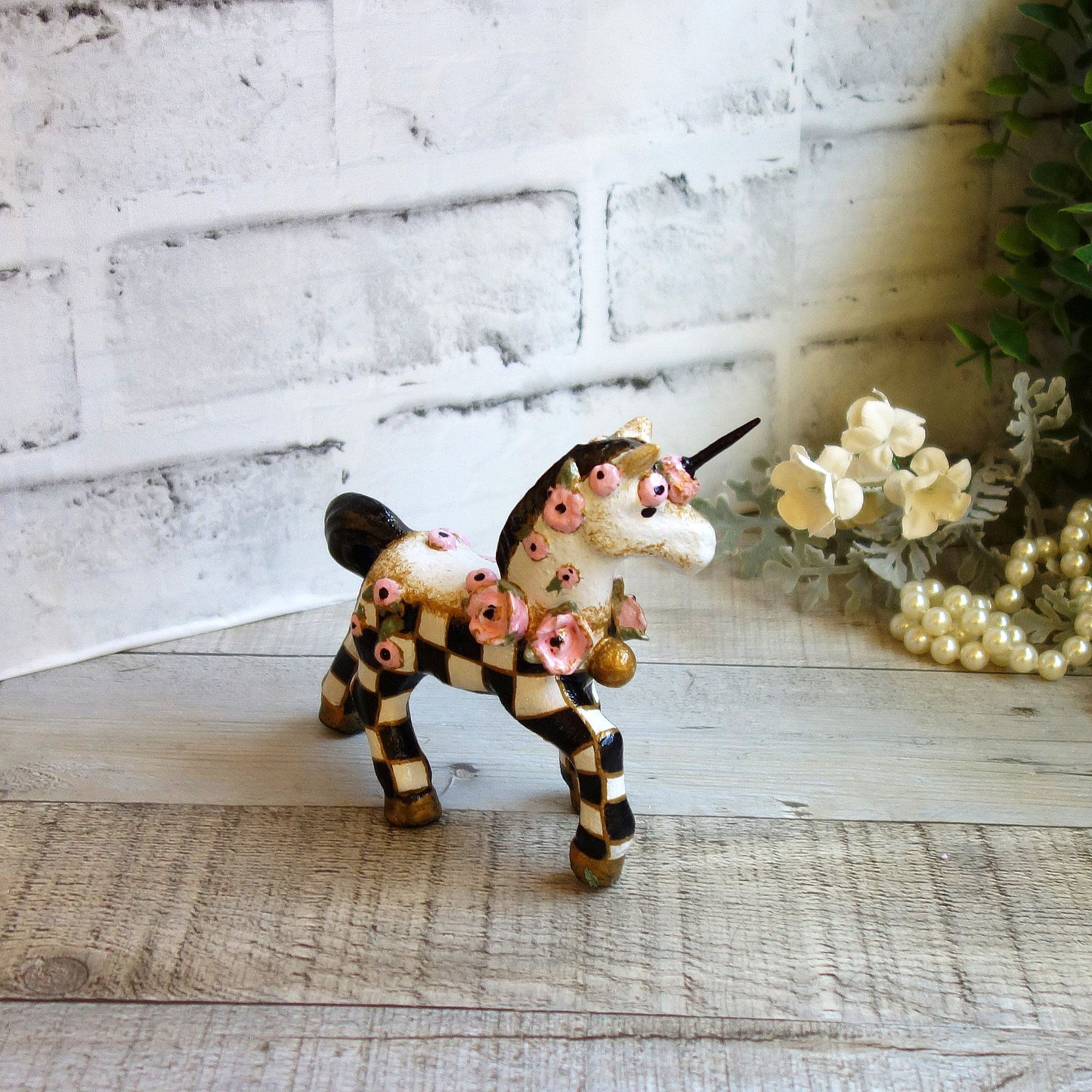 Black White Checked Unicorn Figurine Courtly Decor Hand Painted Whimsy Chintz 2 