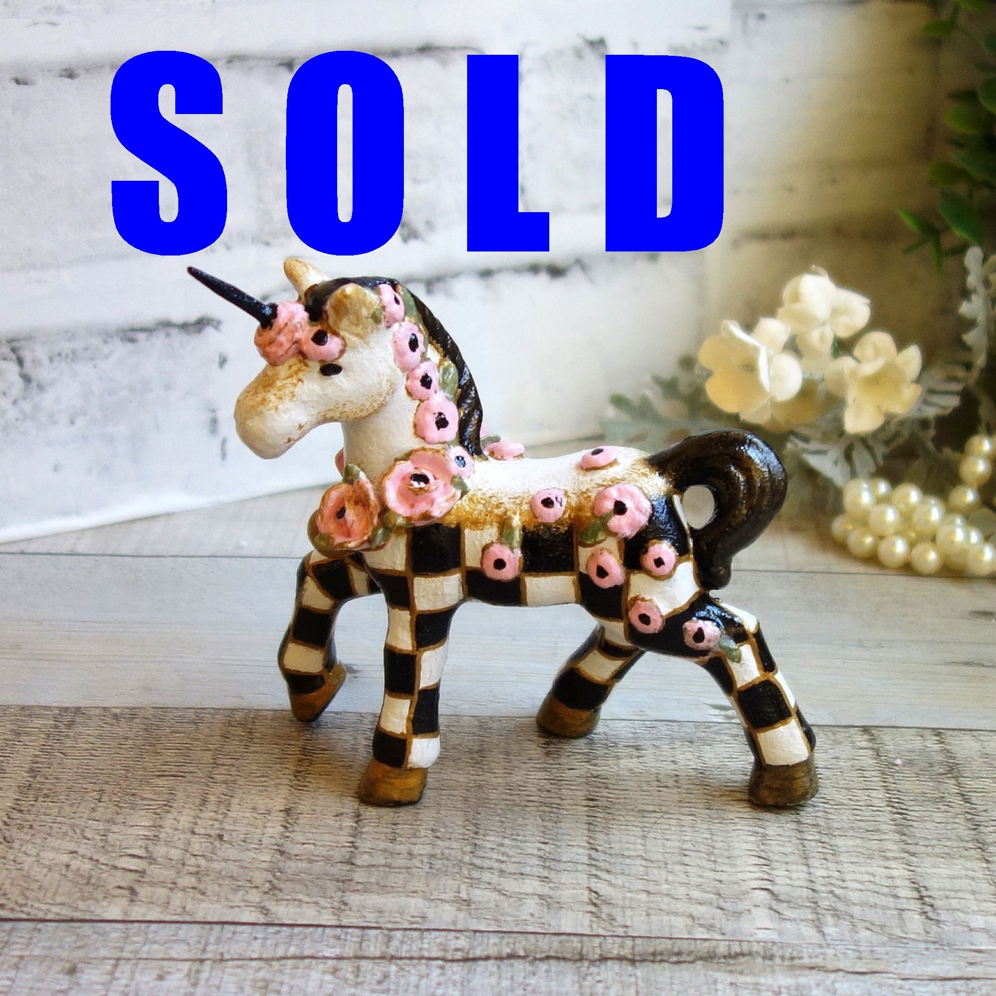 Black White Checked Unicorn Figurine Courtly Decor Hand Painted Whimsy Chintz