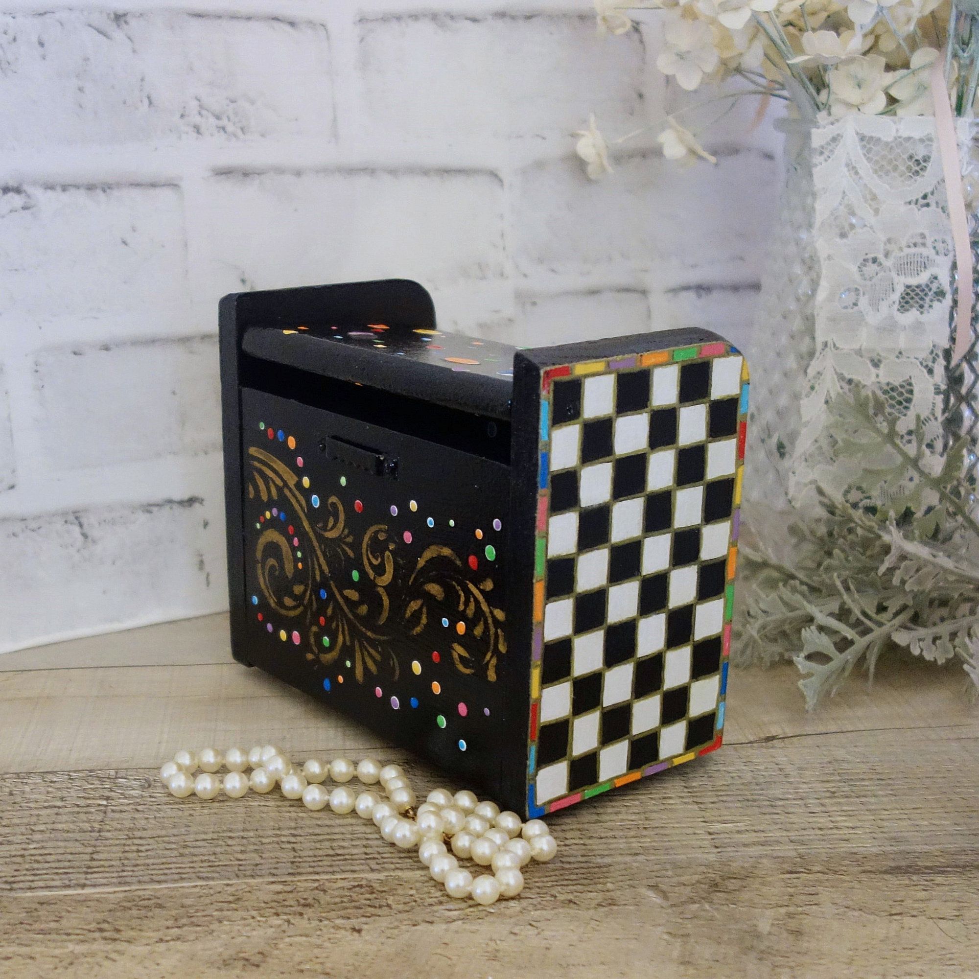 Hand Painted Whimsy Recipe Box Vintage Checks Decorative Box Checked Decor 4 