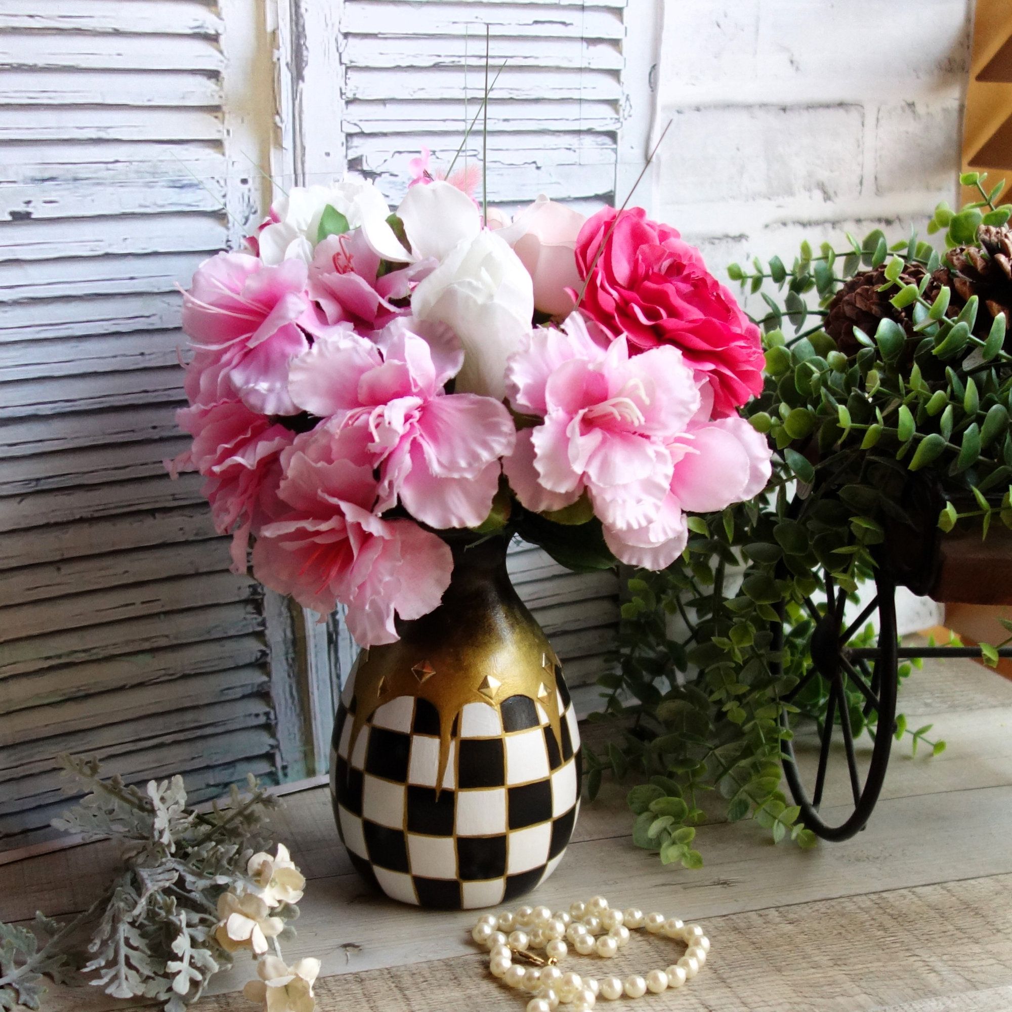 Courtly Vase Black White Checked Vase Floral Centerpiece Buffalo Check Vase 3 