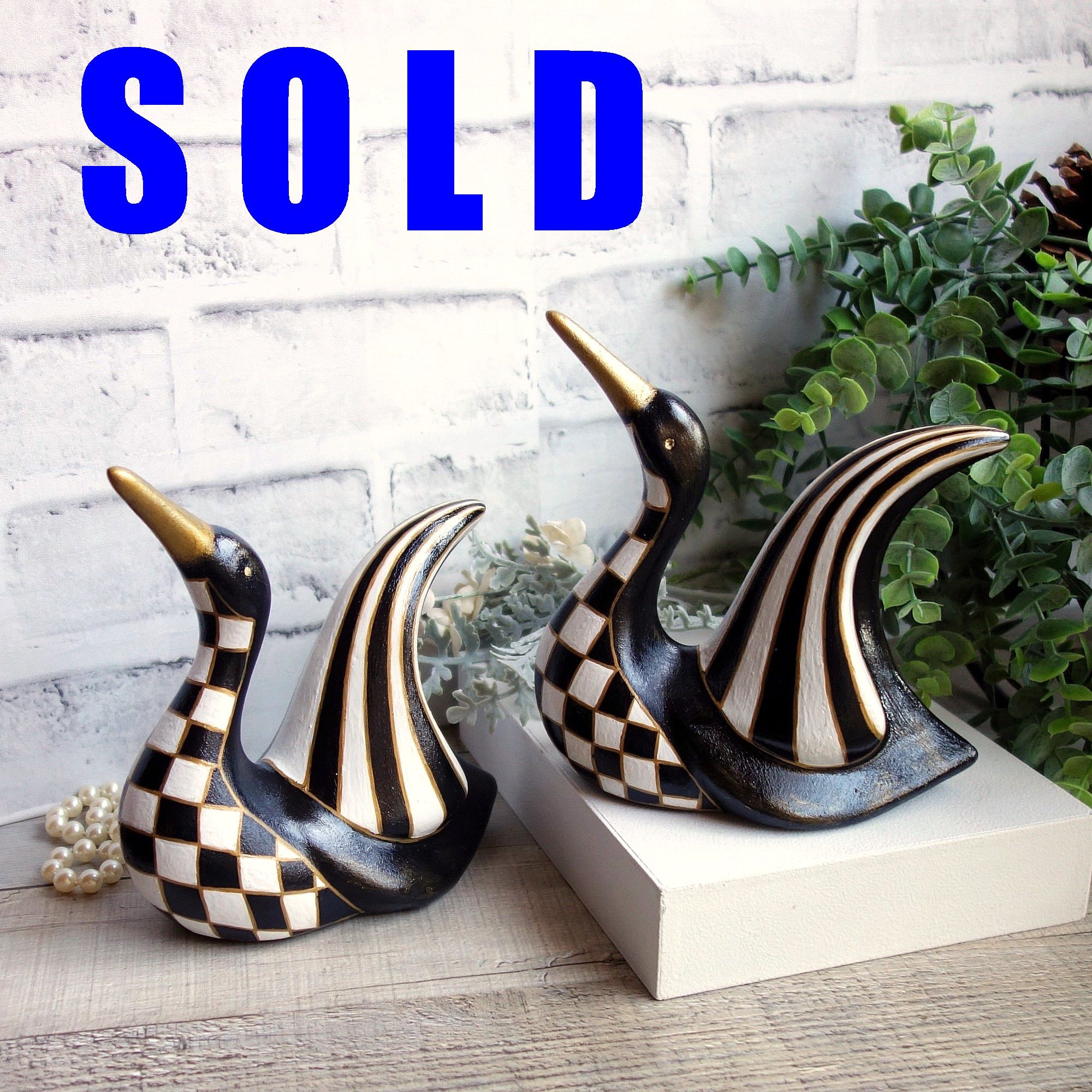 Courtly Birds Black And White Check Songbird Decor Checked Figurine Stripe Decor