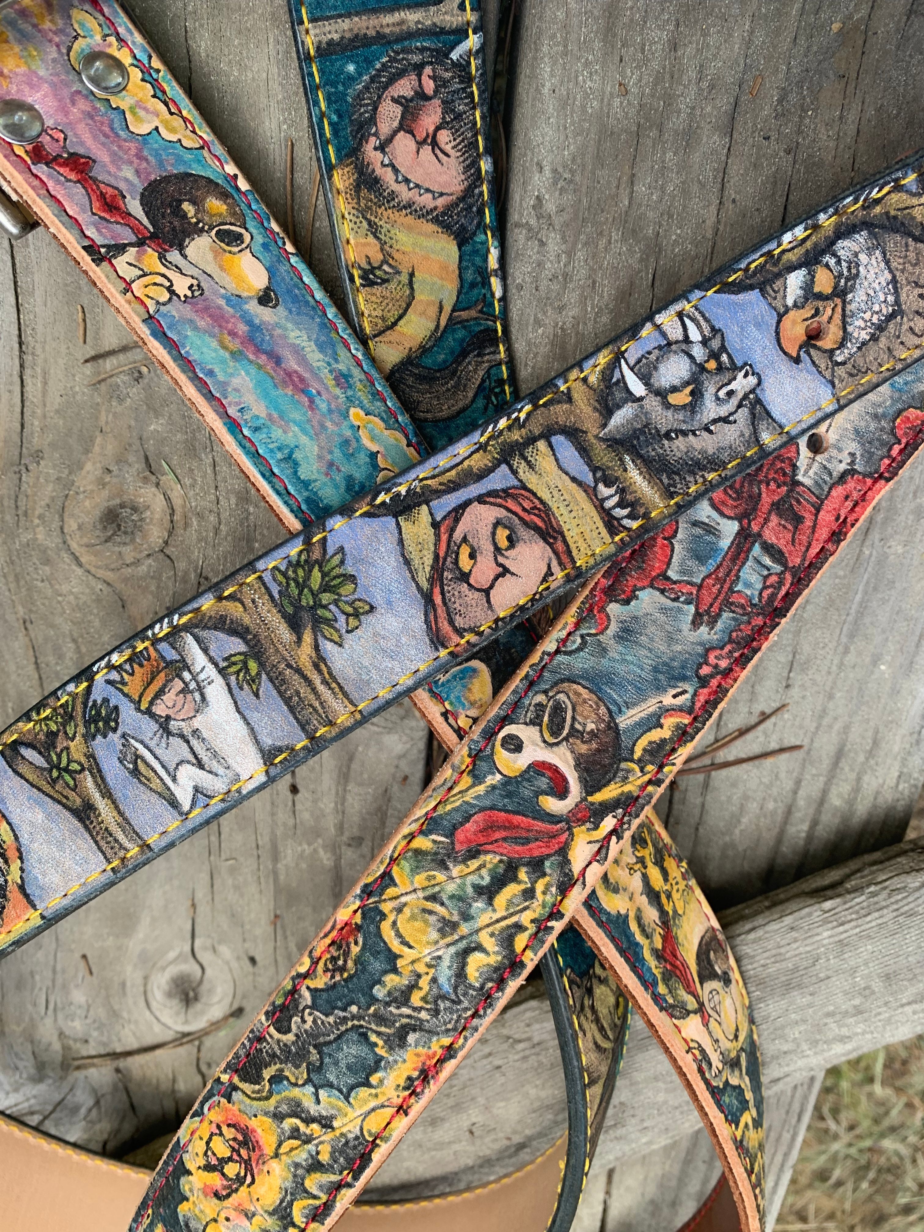 Hand tattooed leather belts
