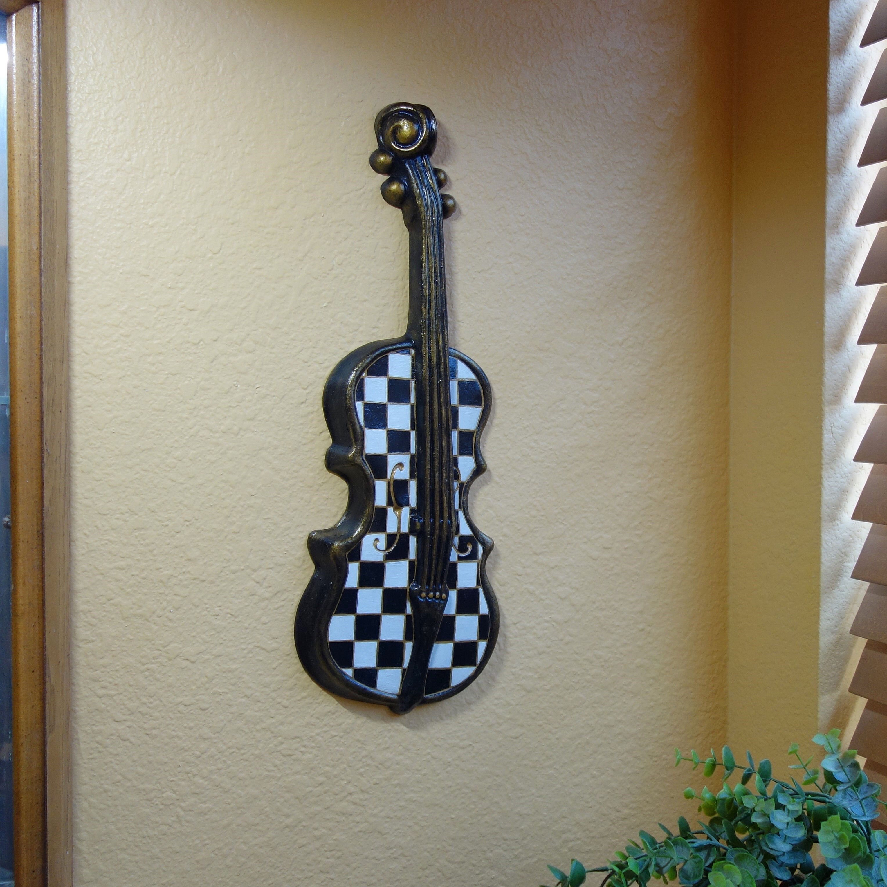 Courtly Violin with Checked Candle Black and White Checked Wall Decor Checked Mantle Decor 2 