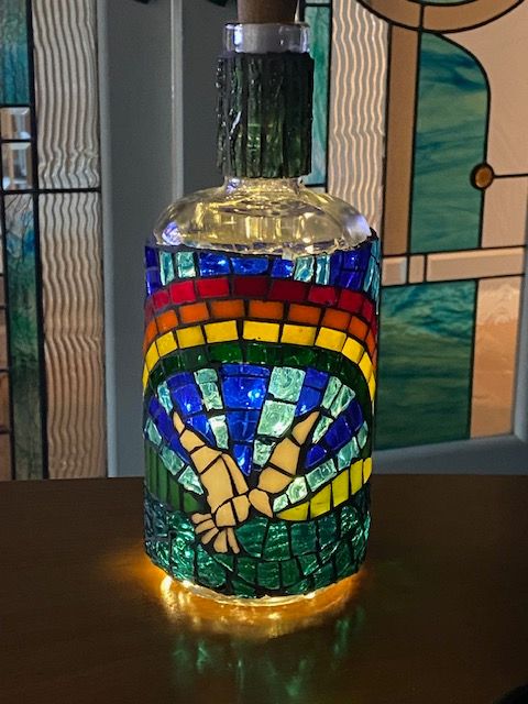 Rainbow and Dove-stained glass mosaic bottle