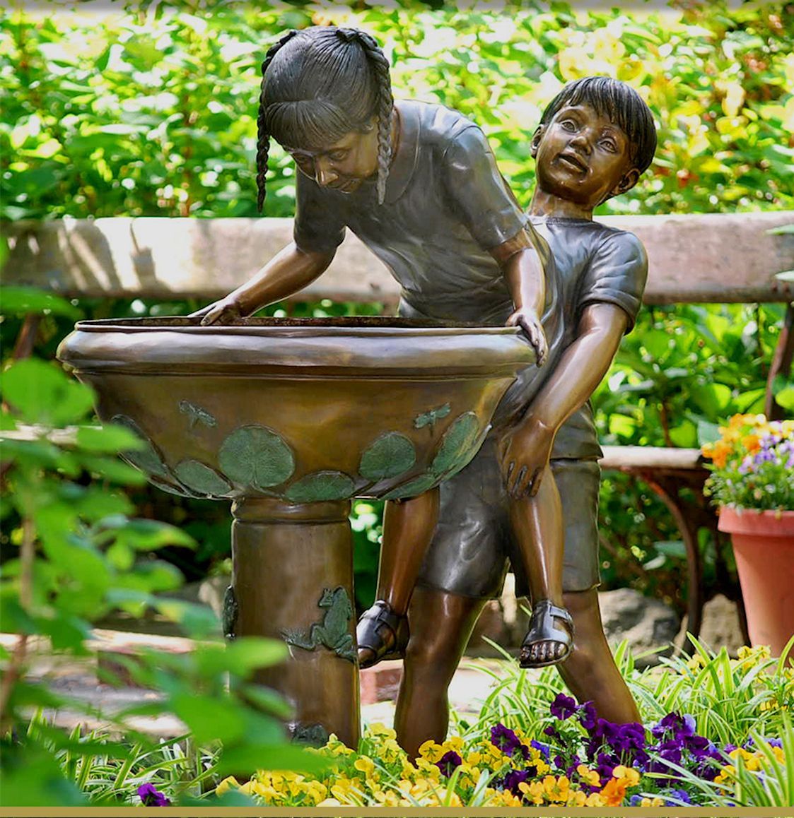 Bronze Garden Fountain, of a boy giving his sister a boost 3 
