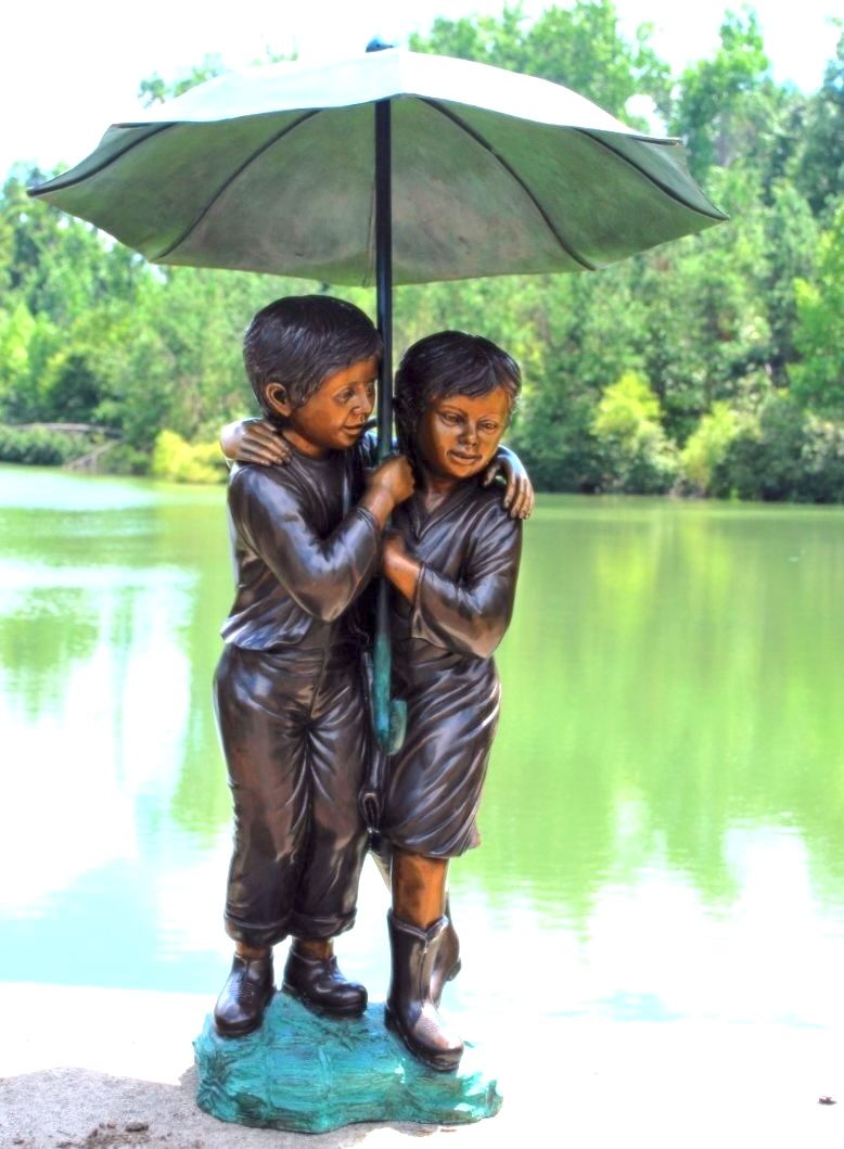 Two Kids with Umbrella Bronze Fountain