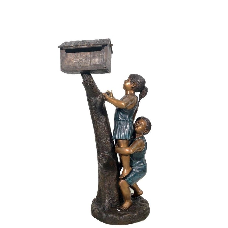  Mailbox Boy and Girl on log Bronze Statue  