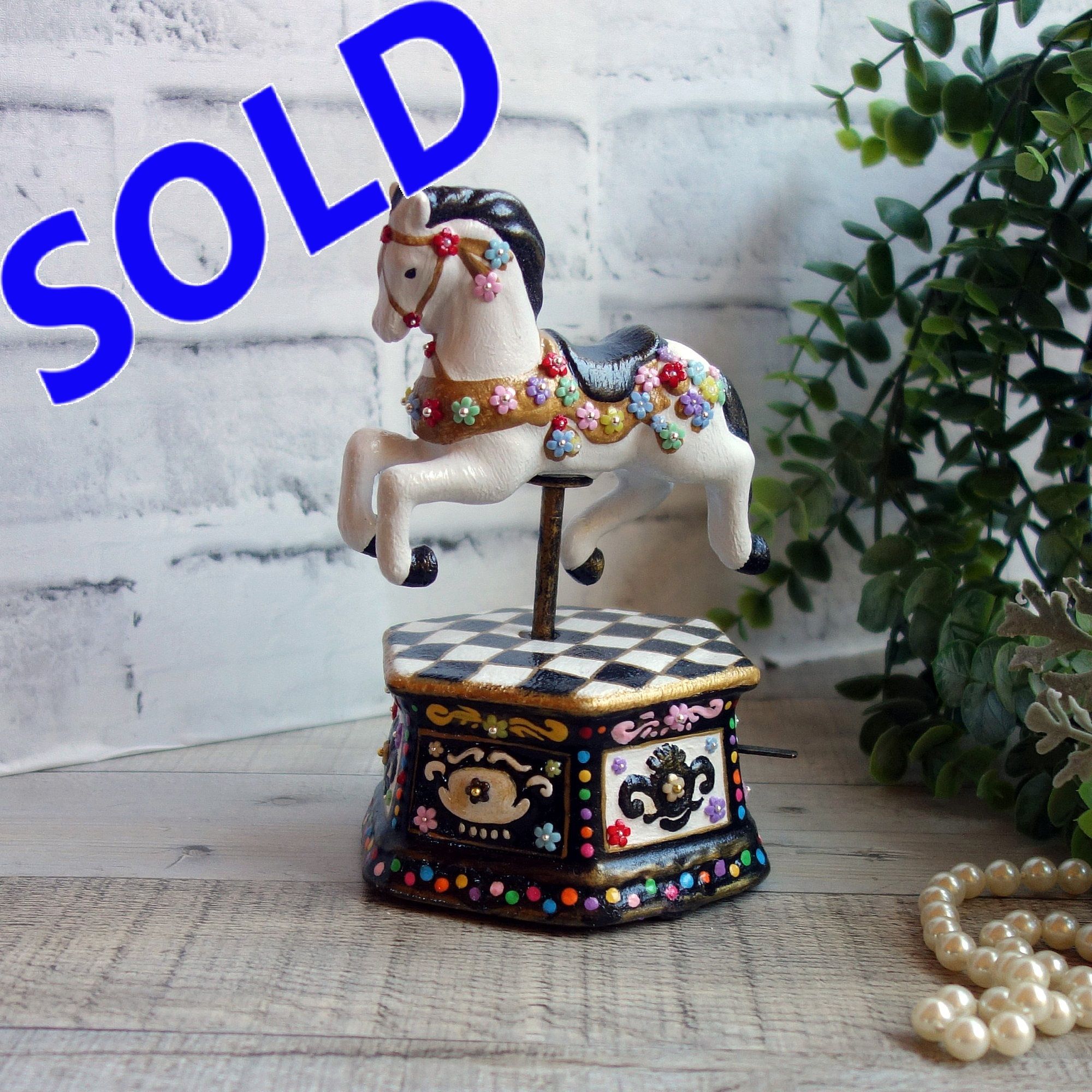 Courtly Music Box Black and White Checked Carousel Horse Music Box Checked Decor